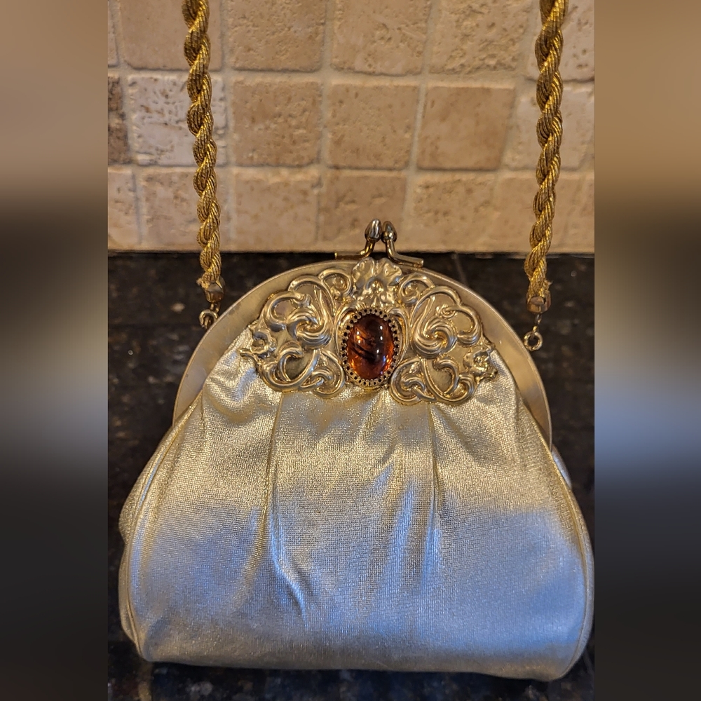 Vintage Harry Levine Mini Evening Handbag Gold w/ Amber